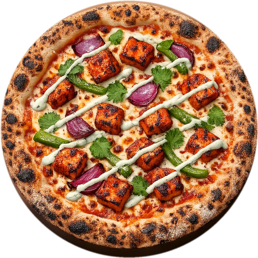 Tandoori paneer pizza, seen from above