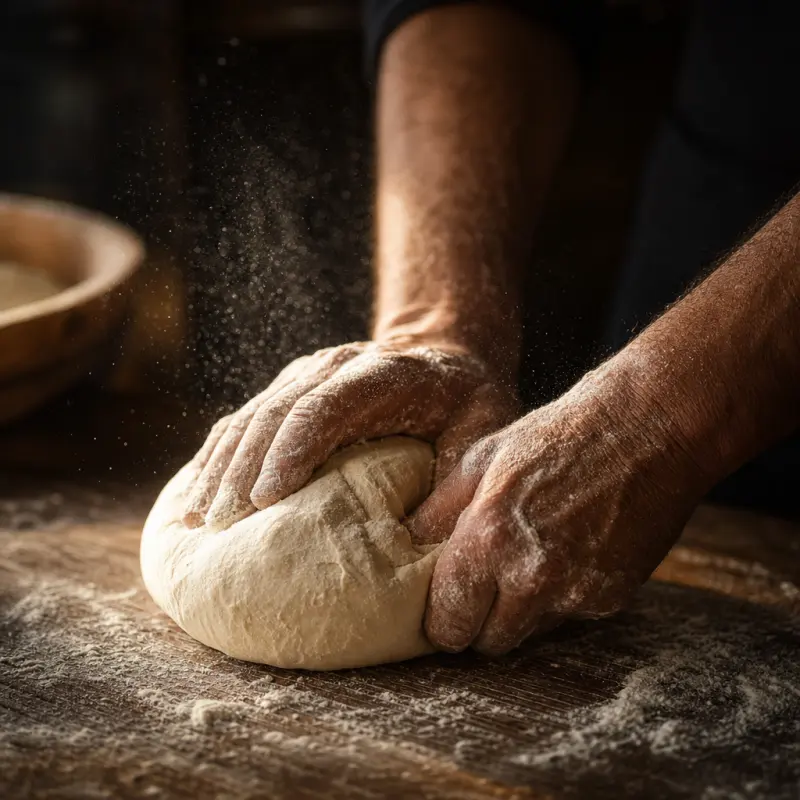 Fresh dough being kneaded by hand