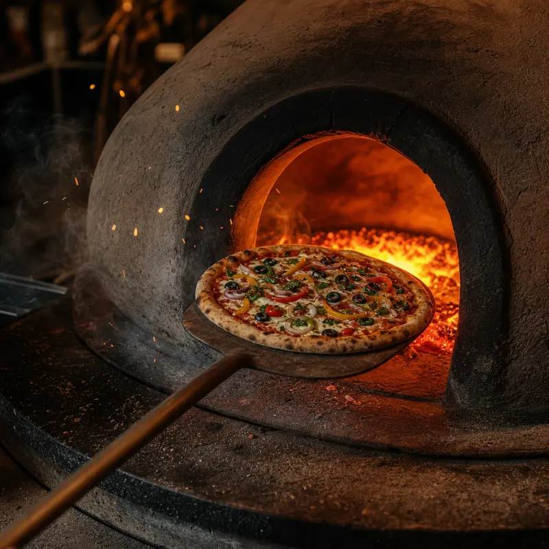 Pizza coming out of the glowing oven